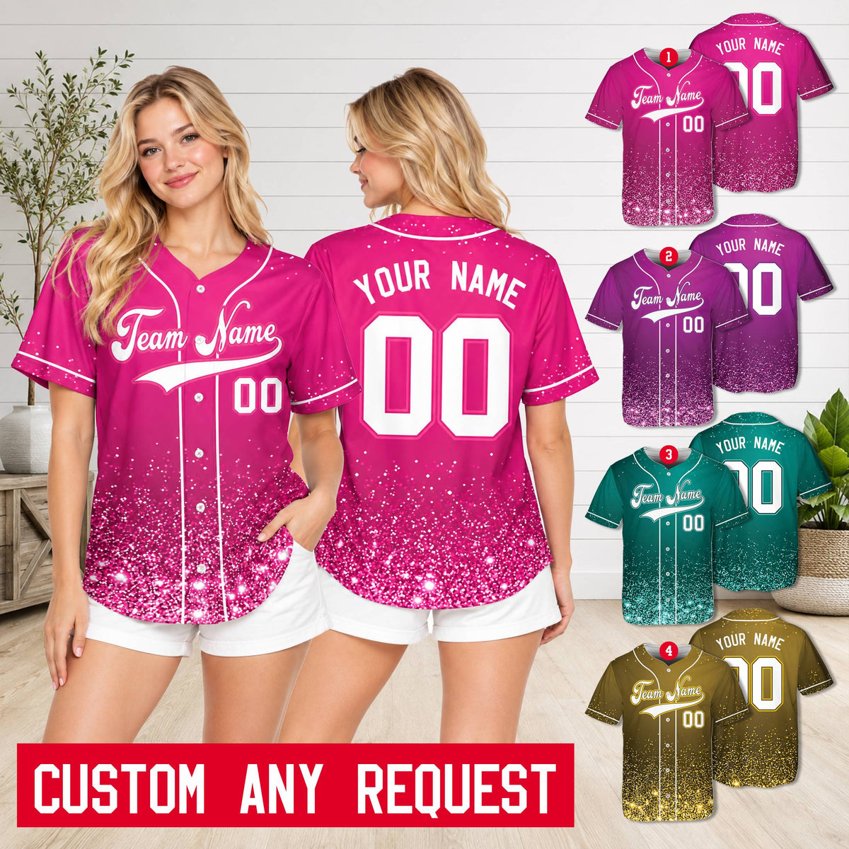 Lifestyle view showing a personalized pink glitter baseball jersey worn by an adult