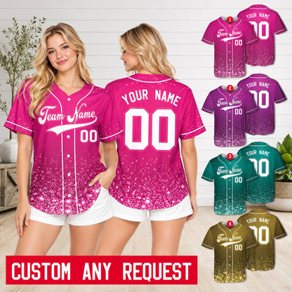 Lifestyle view showing a personalized pink glitter baseball jersey worn by an adult