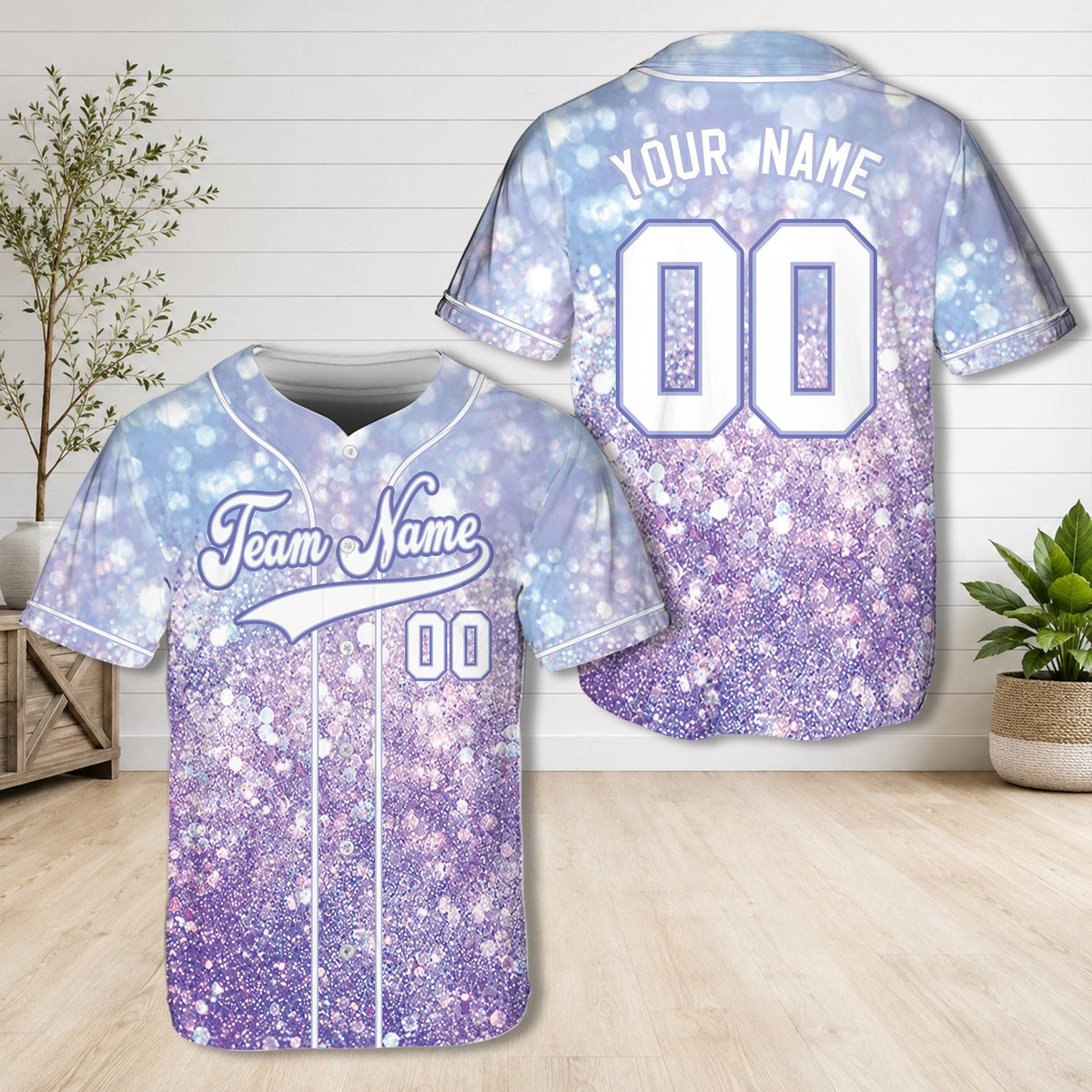 Personalized purple bokeh glitter baseball jersey with custom name and number, main view