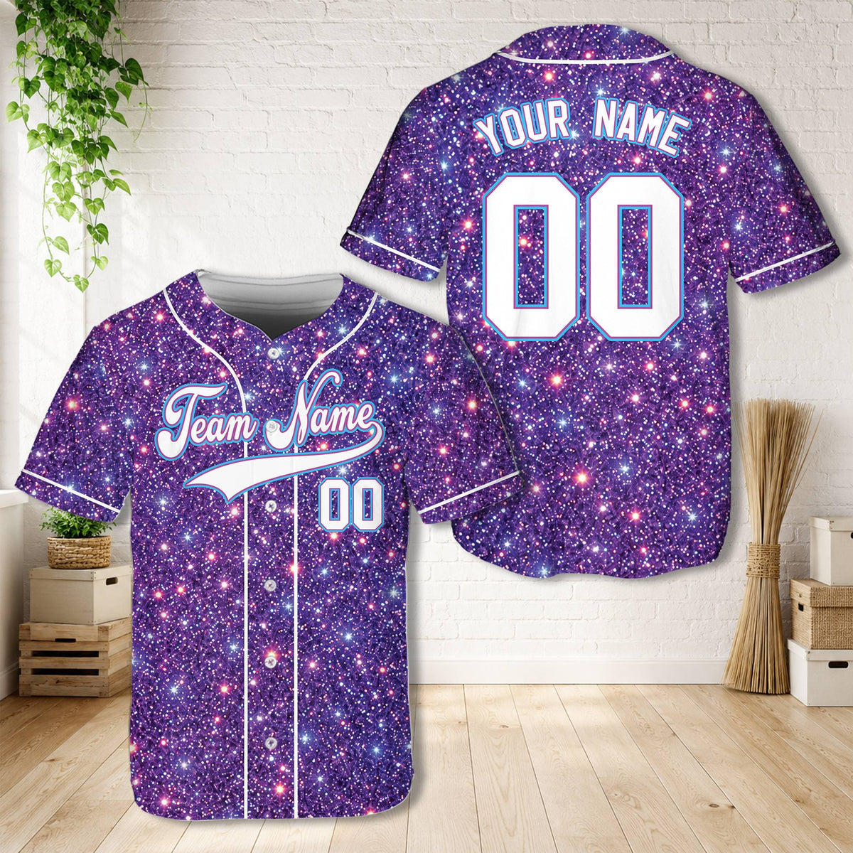 Front view of the personalized purple glitter baseball jersey featuring custom script text and numbering