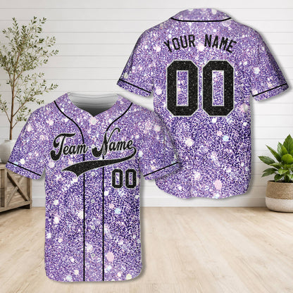 Front view of the purple abstract glitter baseball jersey