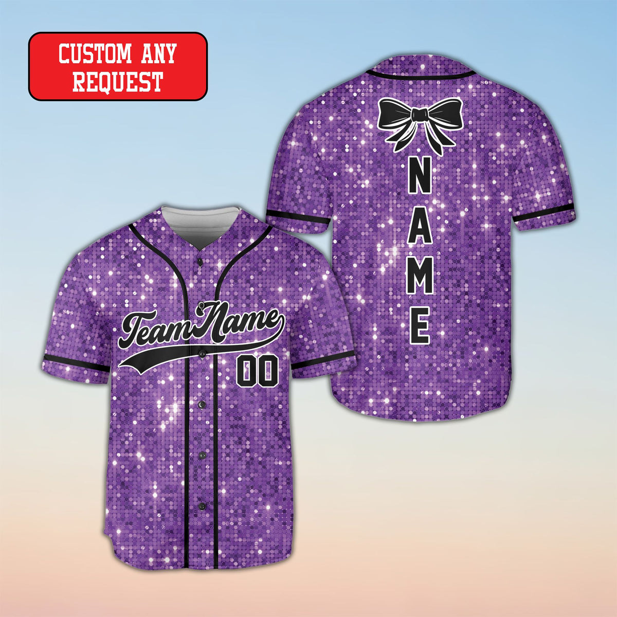 Faux glitter baseball jersey front view in light purple