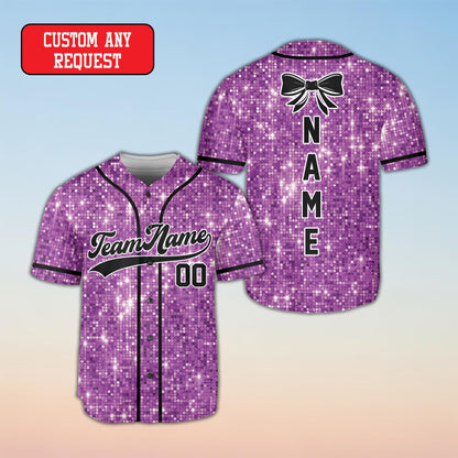 Faux glitter baseball jersey front view in dark purple