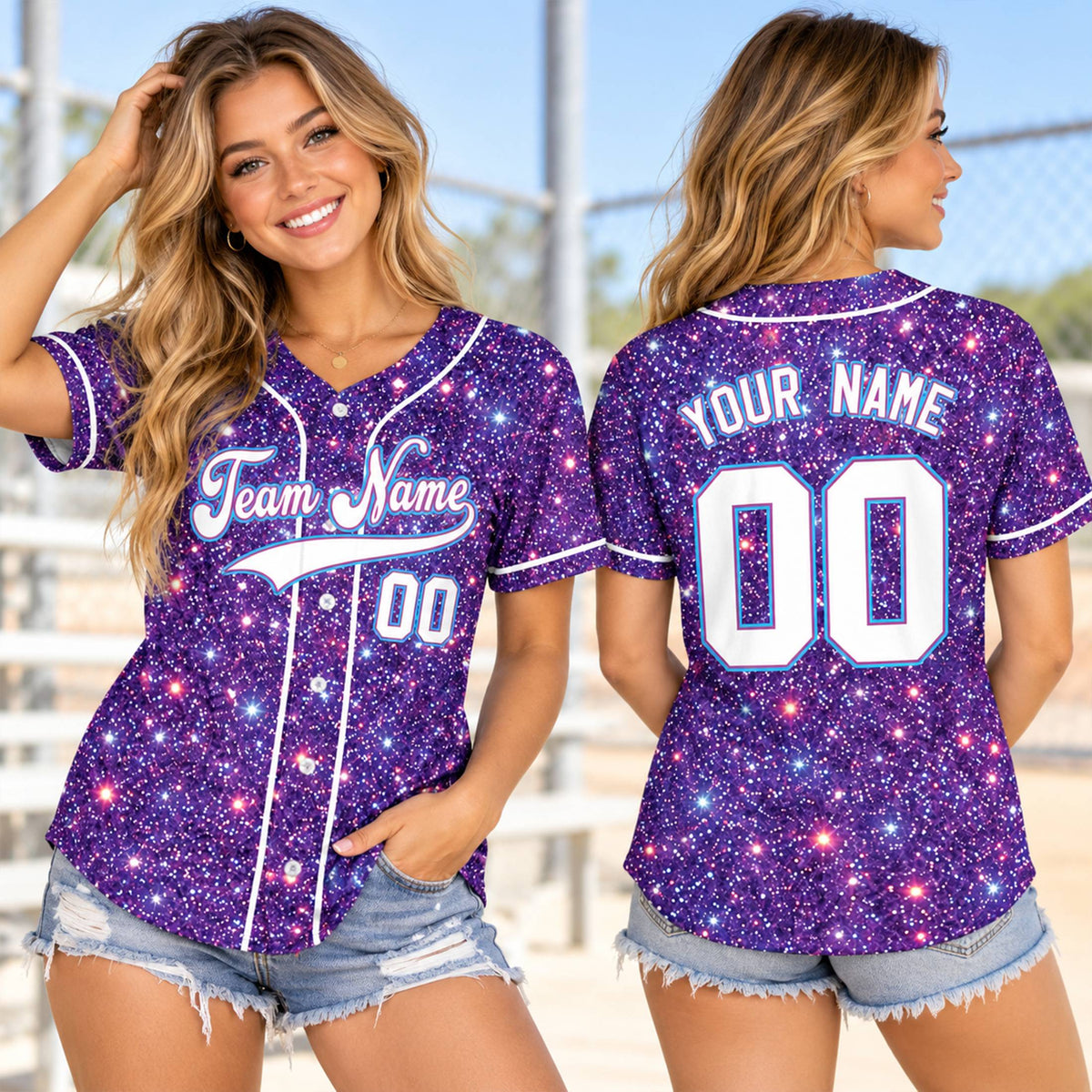 Lifestyle view of a person wearing the custom purple faux glitter baseball jersey
