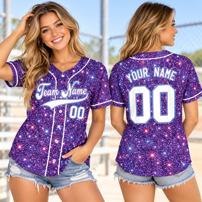 Lifestyle view of a person wearing the custom purple faux glitter baseball jersey