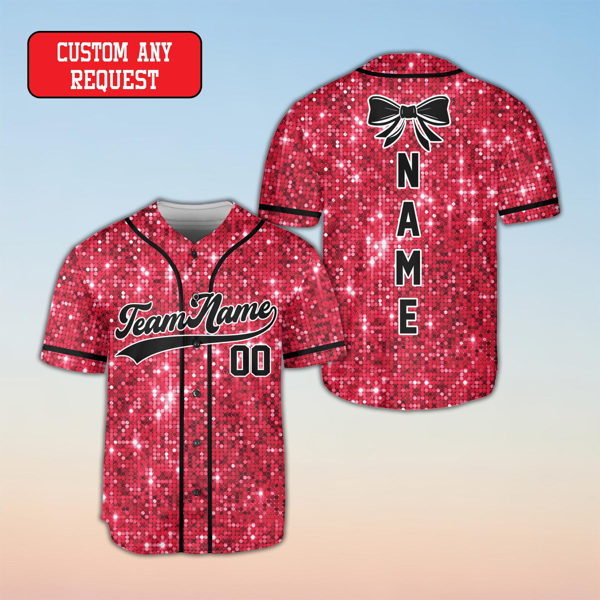 Faux glitter baseball jersey front view in red