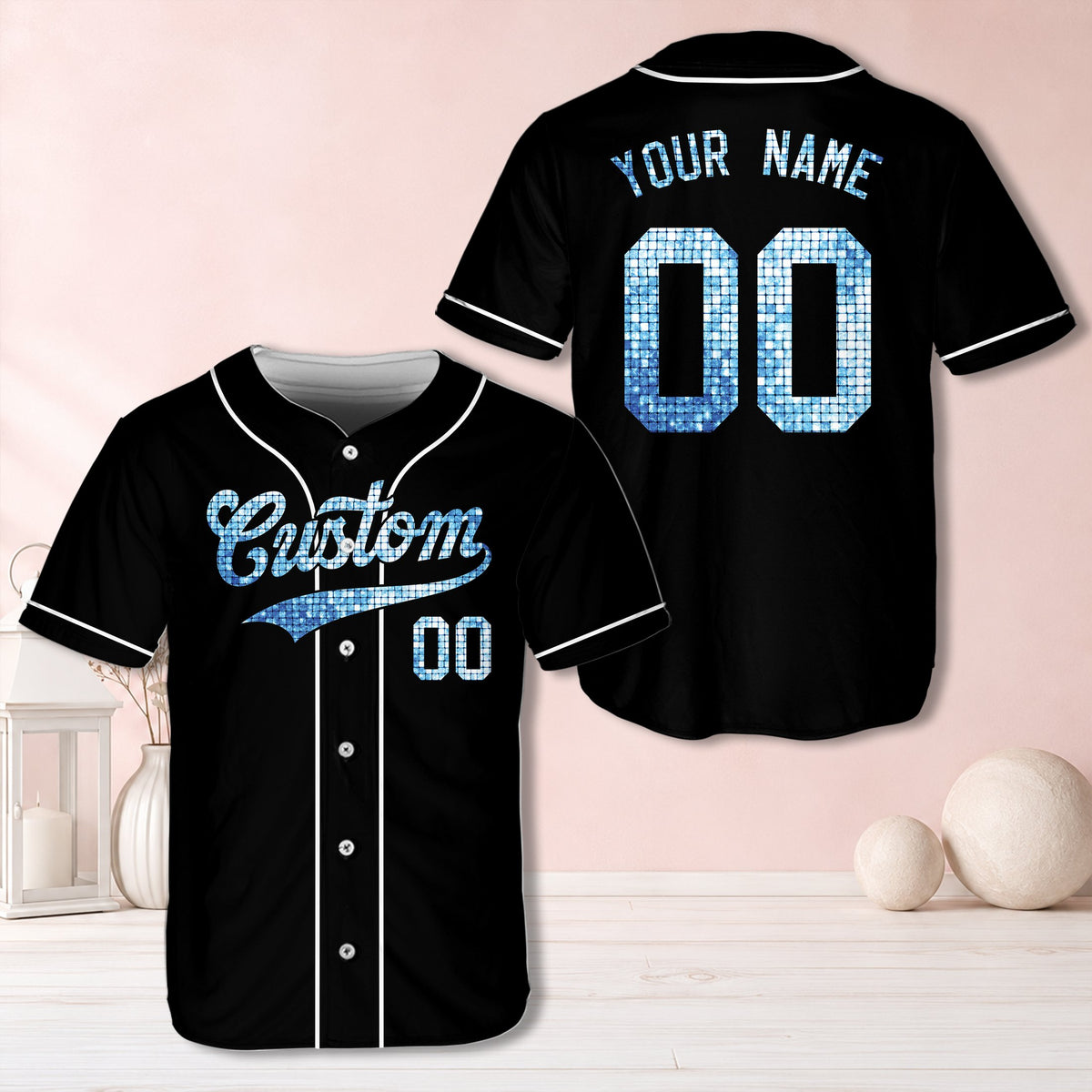 Black personalized baseball jersey with simulated red glitter/sequin text, front view