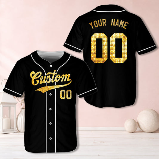 Black personalized baseball jersey with simulated gold glitter/sequin text, front view
