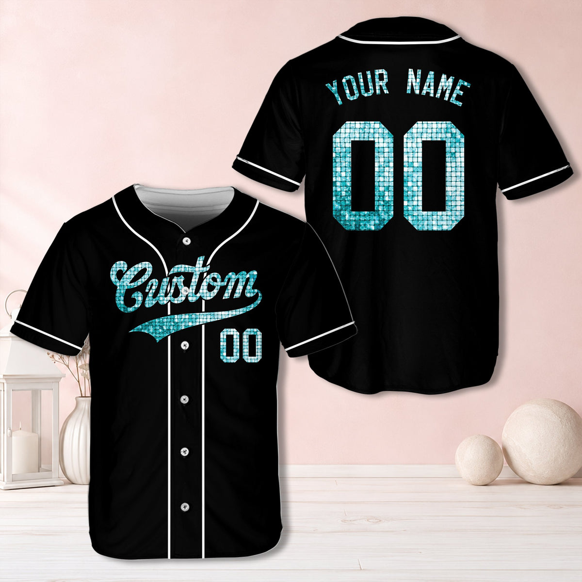 Black personalized baseball jersey with simulated blue glitter/sequin text, front view