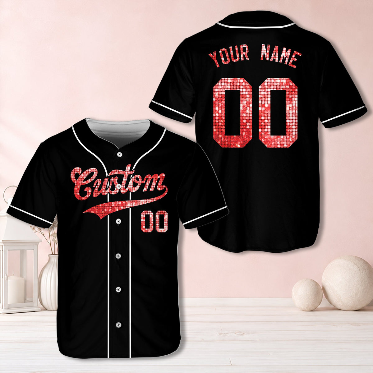 Black personalized baseball jersey with simulated silver glitter/sequin text, front view