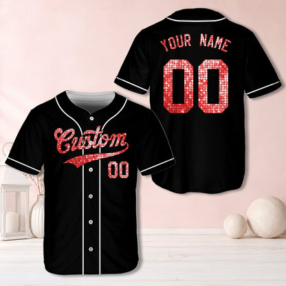 Black personalized baseball jersey with simulated silver glitter/sequin text, front view