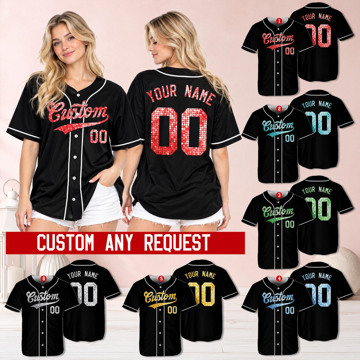 Lifestyle image of a person wearing the personalized black baseball jersey with simulated glitter/sequin text