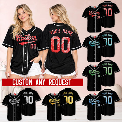 Lifestyle image of a person wearing the personalized black baseball jersey with simulated glitter/sequin text