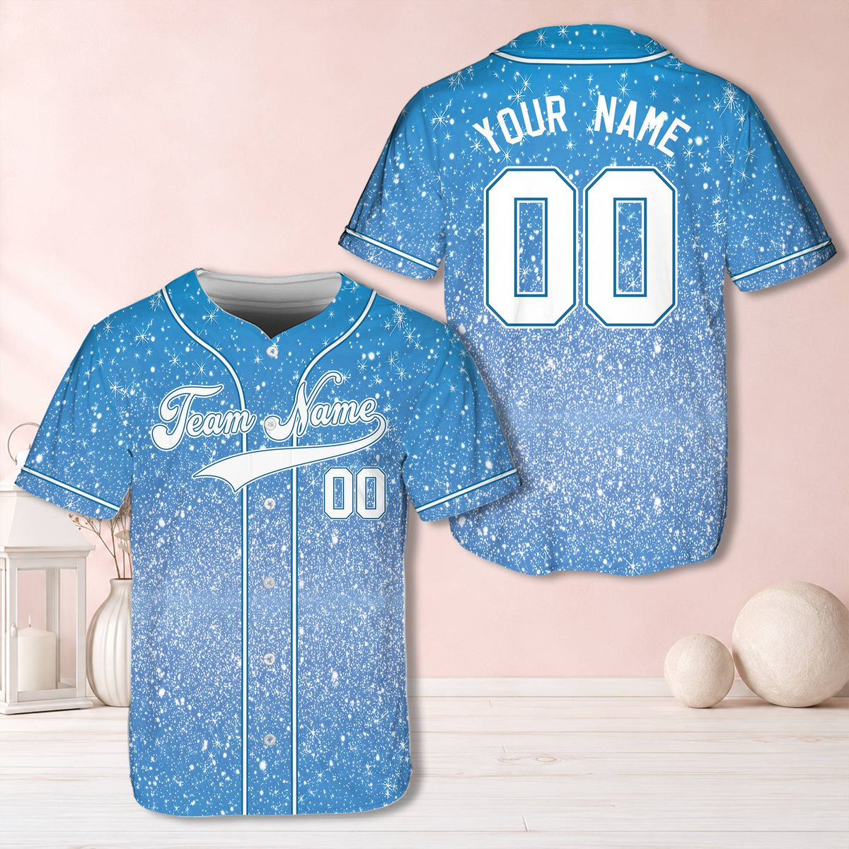 Personalized blue faux glitter snowflake baseball jersey front view