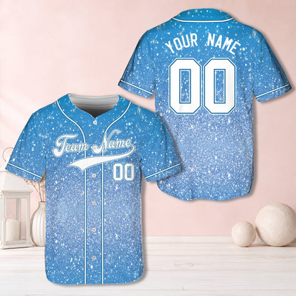 Personalized blue faux glitter snowflake baseball jersey front view