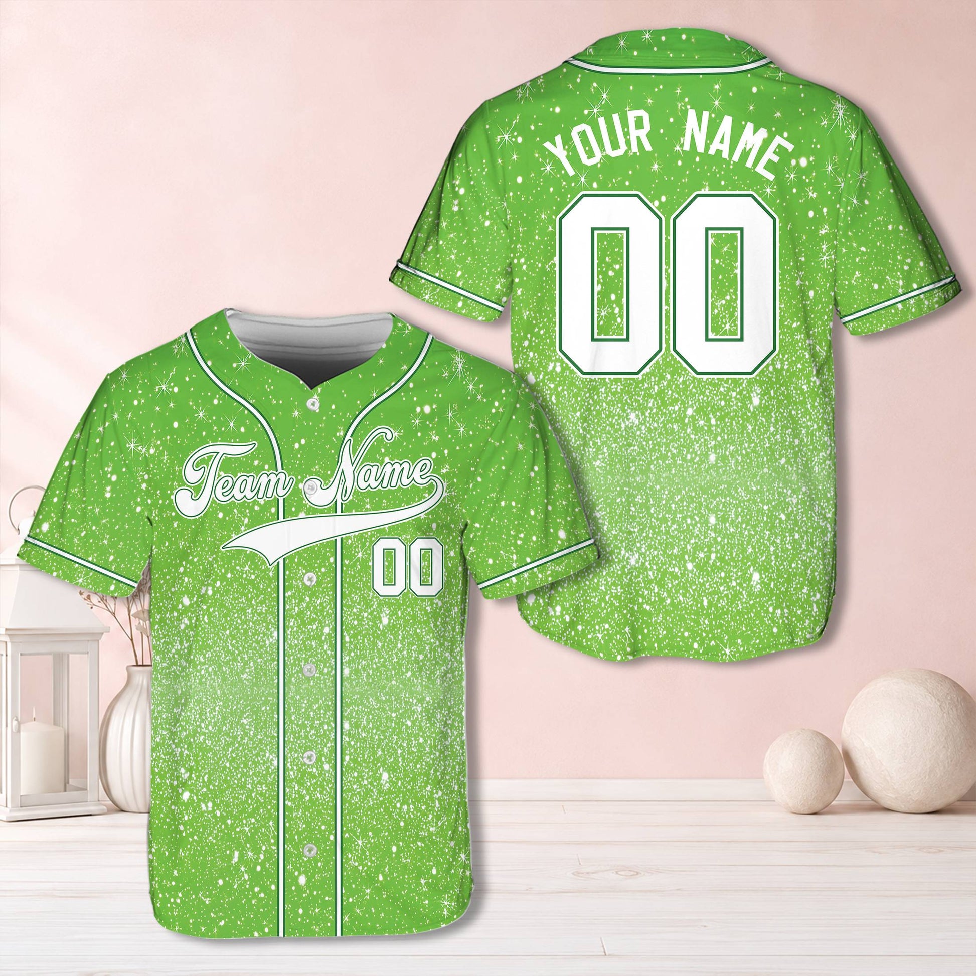 Personalized green faux glitter snowflake baseball jersey alternate front view