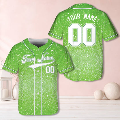 Personalized green faux glitter snowflake baseball jersey alternate front view
