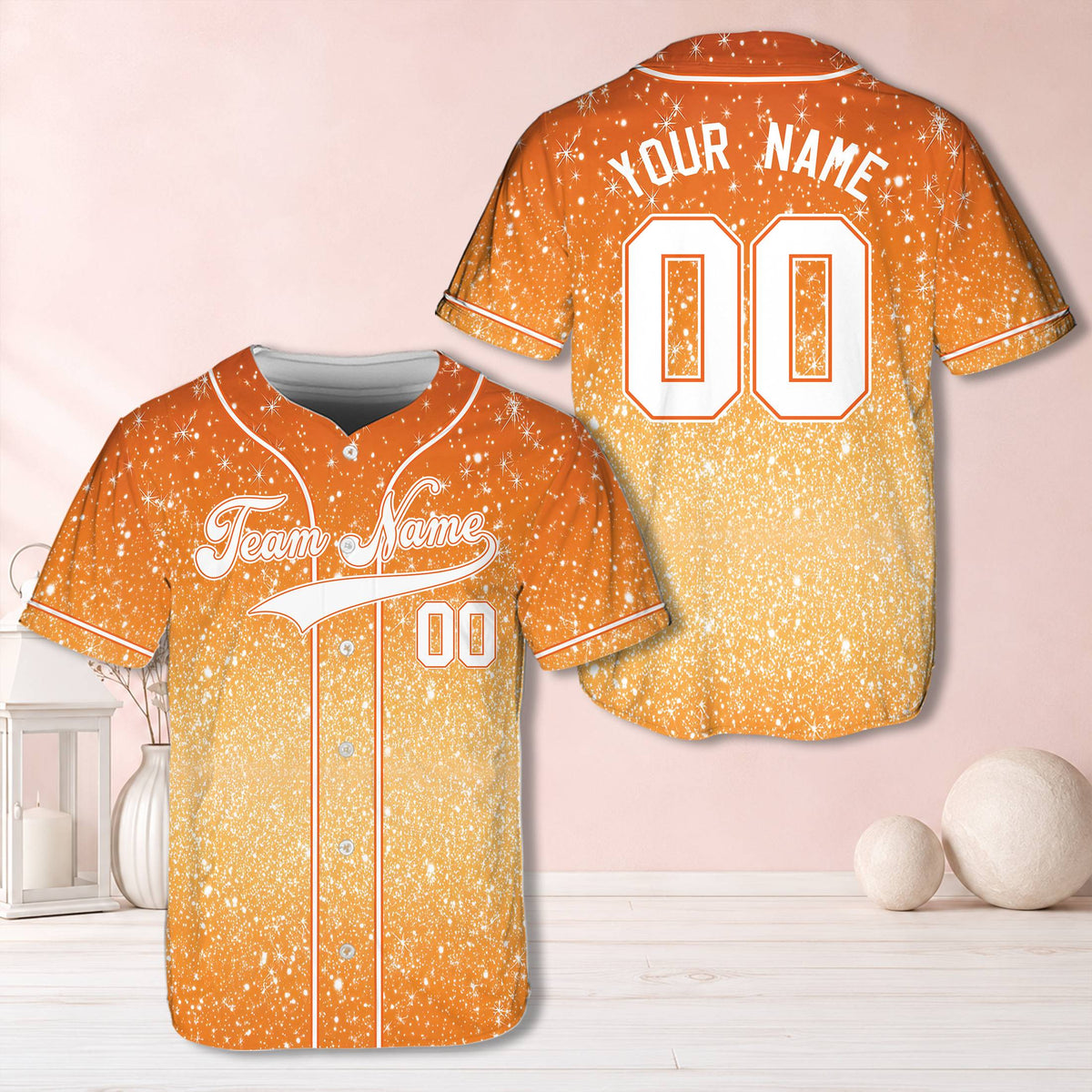 Personalized orange faux glitter snowflake baseball jersey front view