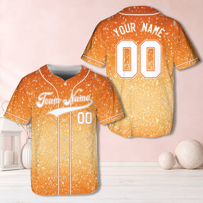 Personalized orange faux glitter snowflake baseball jersey front view