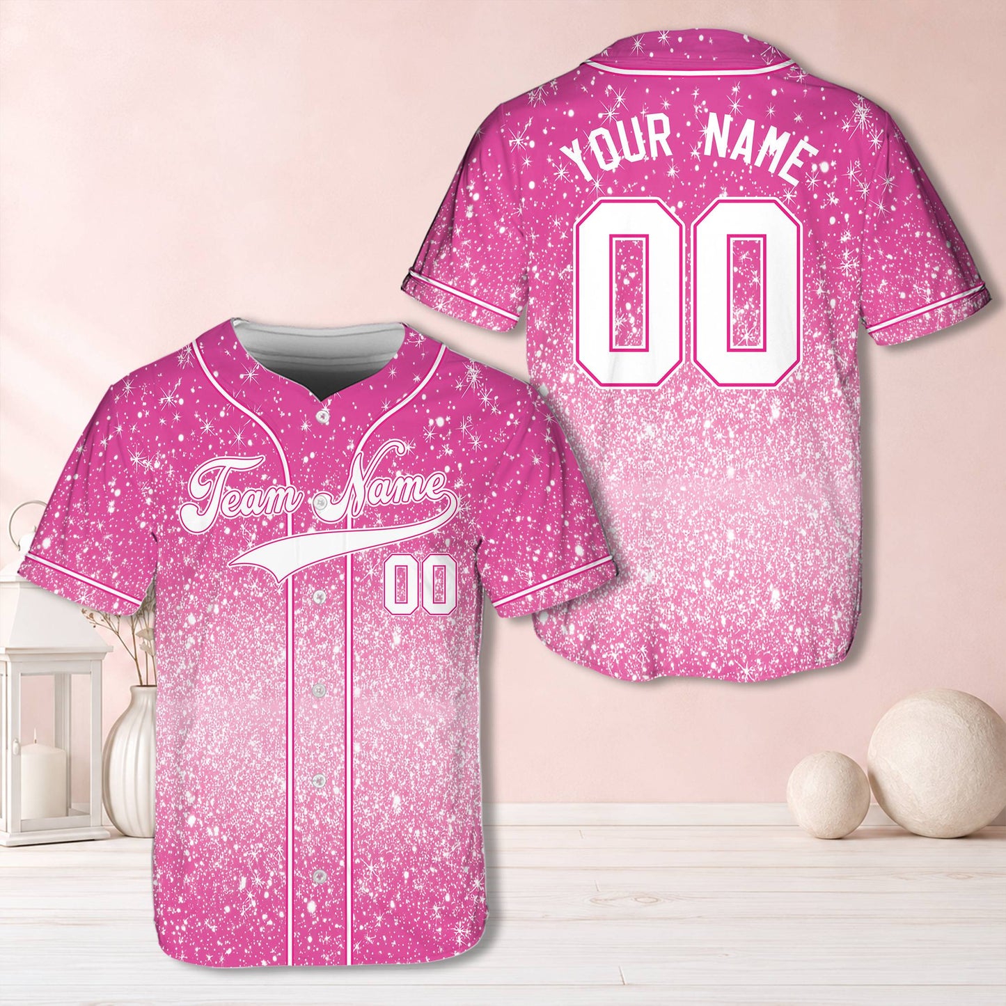 Personalized pink faux glitter snowflake baseball jersey front view