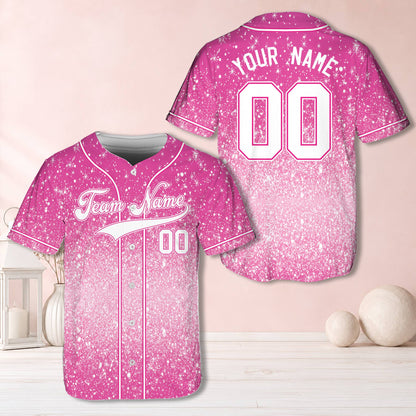 Personalized pink faux glitter snowflake baseball jersey front view