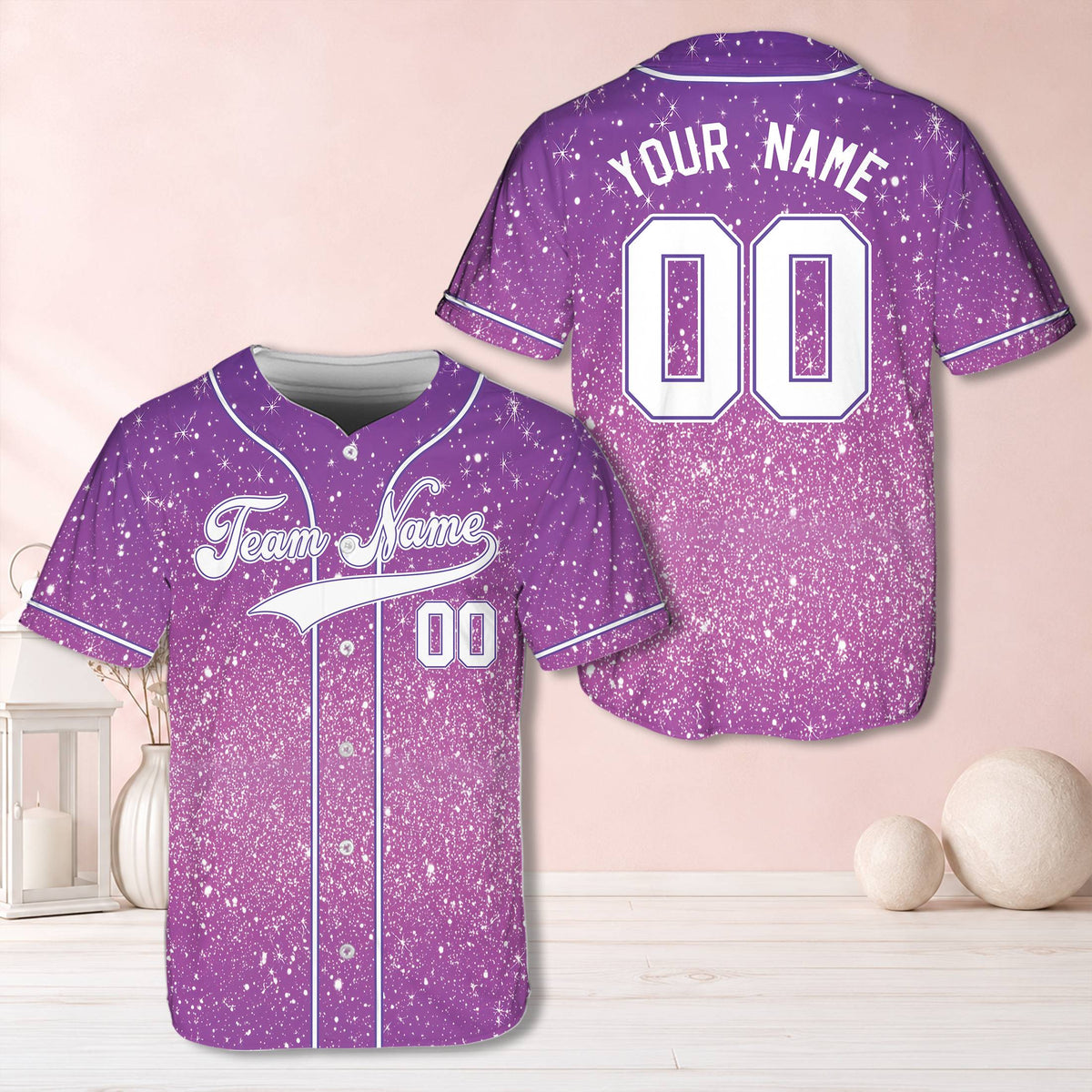 Purple personalized baseball jersey glitter snowflake design