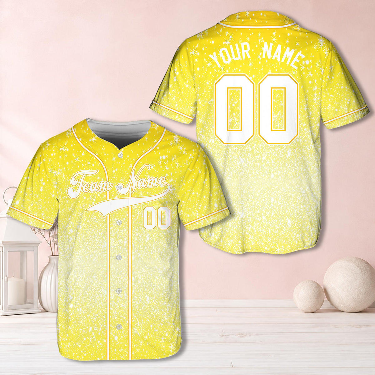 Yellow personalized baseball jersey abstract snowflake design