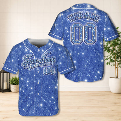 Blue faux glitter custom baseball jersey, front view