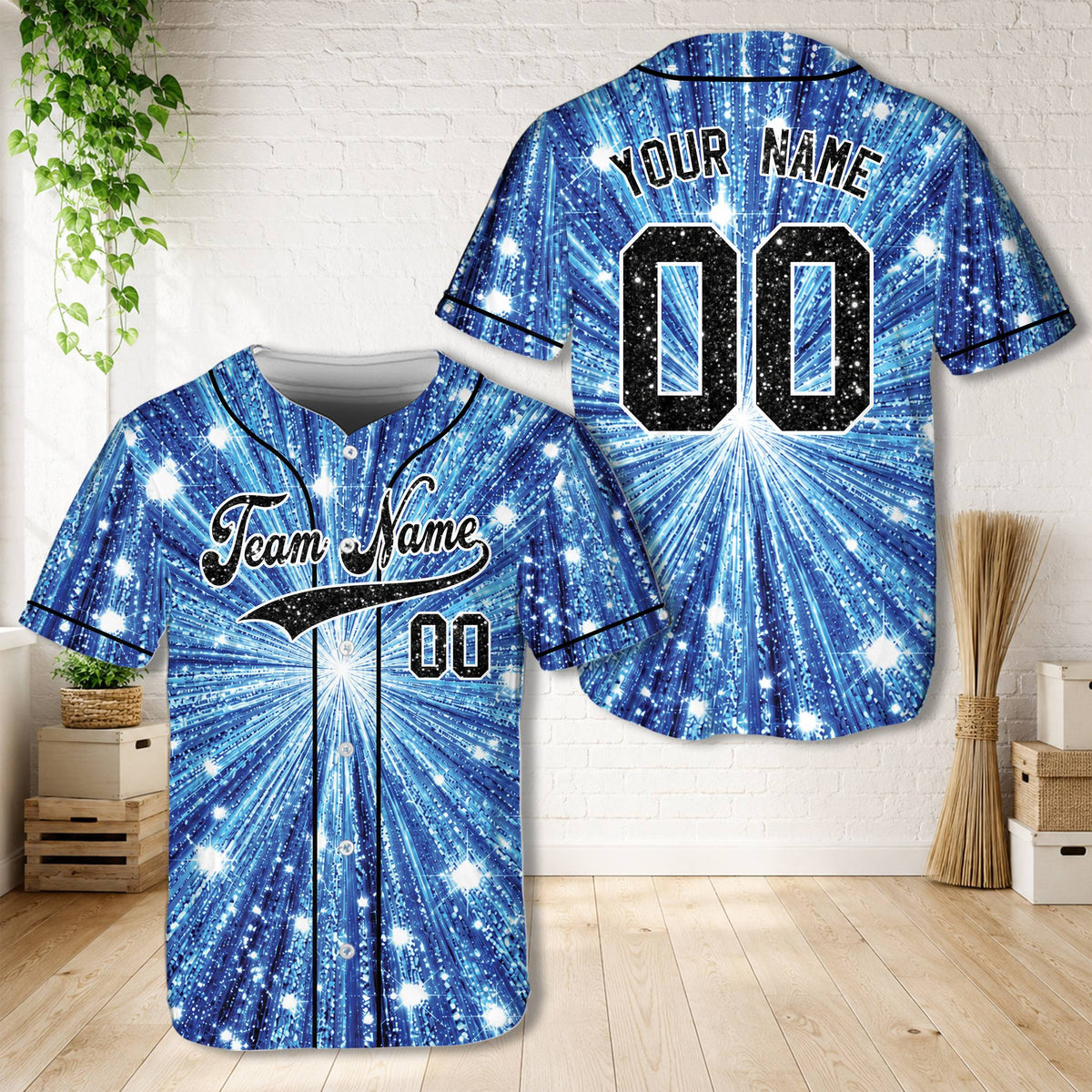Personalized blue glitter baseball jersey, front view