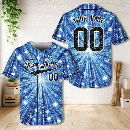 Personalized blue glitter baseball jersey, front view