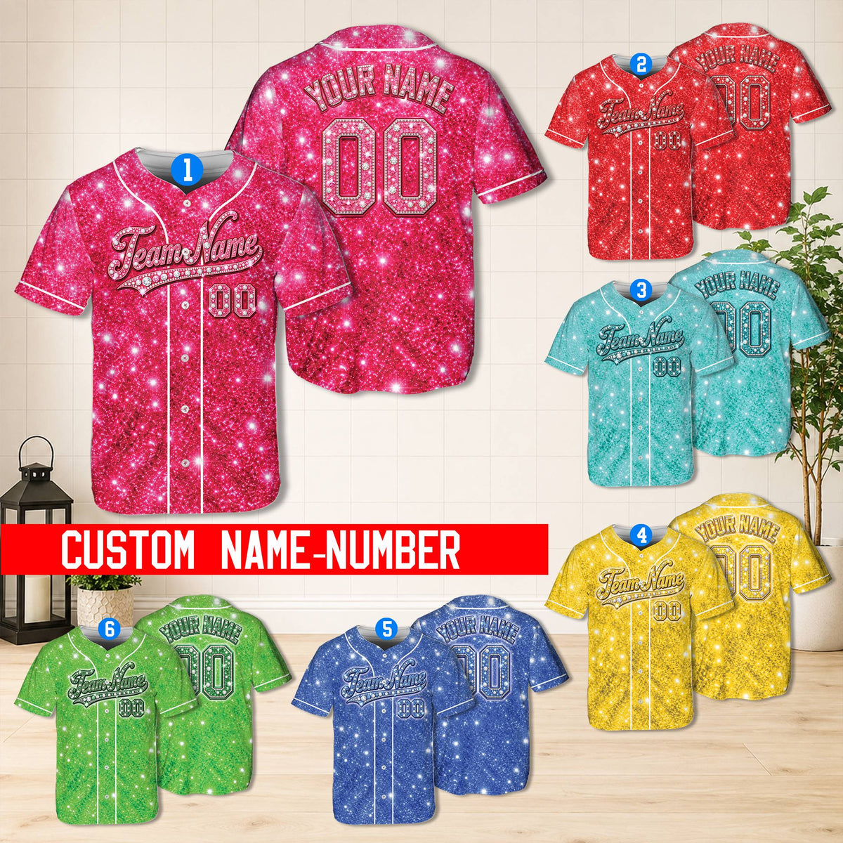 White and grey simulated rhinestone sparkle baseball jersey, front view