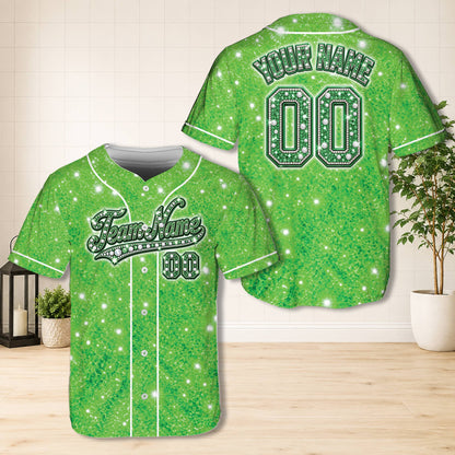 Green custom personalized baseball jersey with faux glitter design, front view