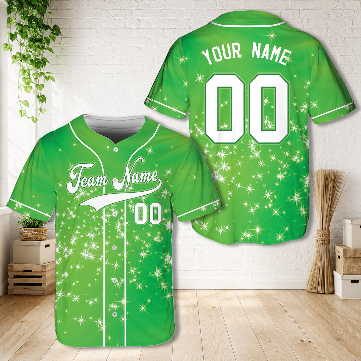 Personalized glitter sparkle baseball jersey with custom name and number in green, front view