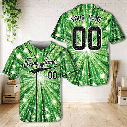 Personalized green faux sparkle baseball jersey, front view