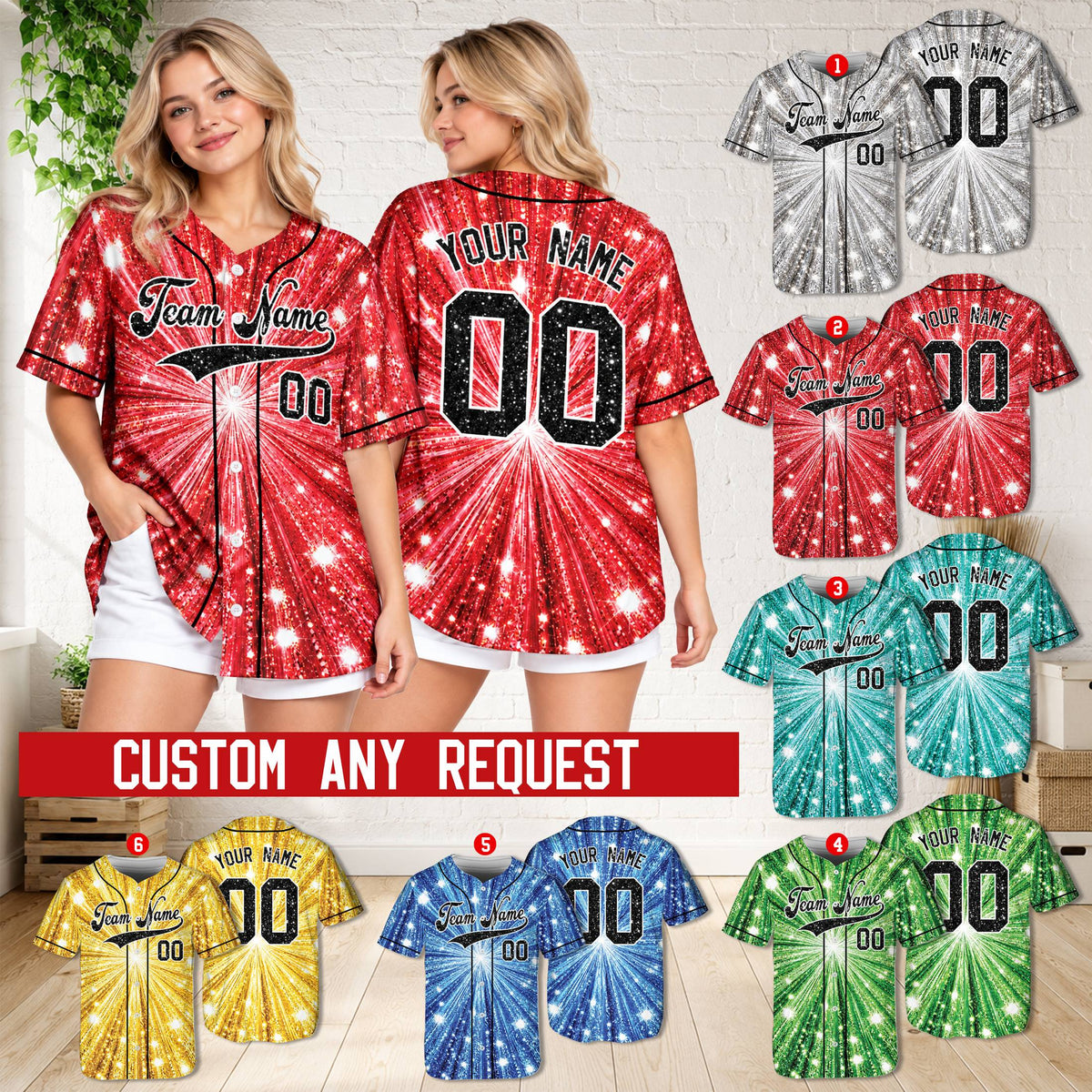 Lifestyle view of a person wearing a multicolor personalized faux glitter baseball jersey
