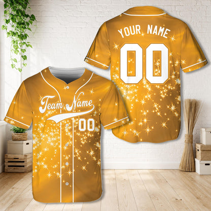 Personalized glitter sparkle baseball jersey with custom name and number in orange, front view