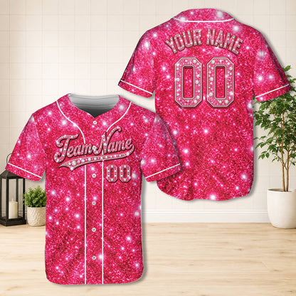 Pink personalized sparkle baseball jersey with custom team name, front view