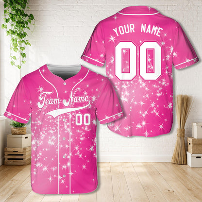 Personalized glitter sparkle baseball jersey with custom name and number in pink, front view