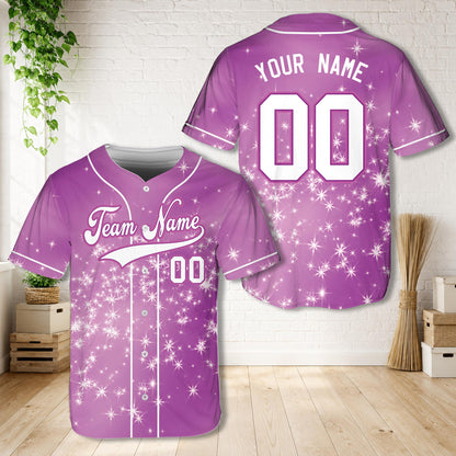 Personalized glitter sparkle baseball jersey with custom name and number in purple, front view