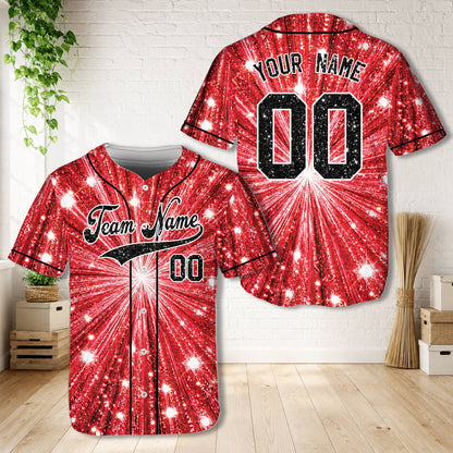 Personalized red glitter baseball jersey with custom name and number, front view