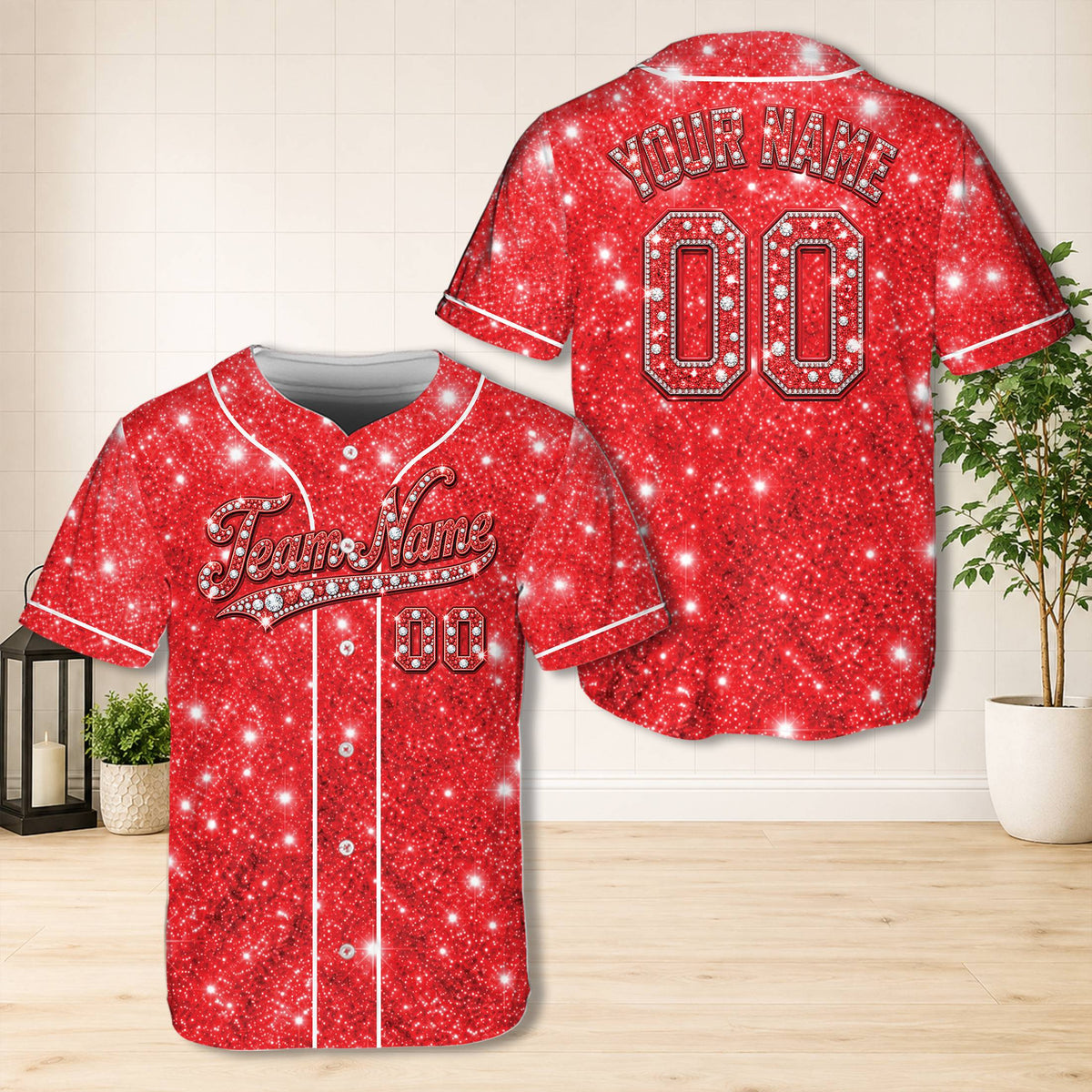 Red faux sparkle abstract baseball jersey, front view