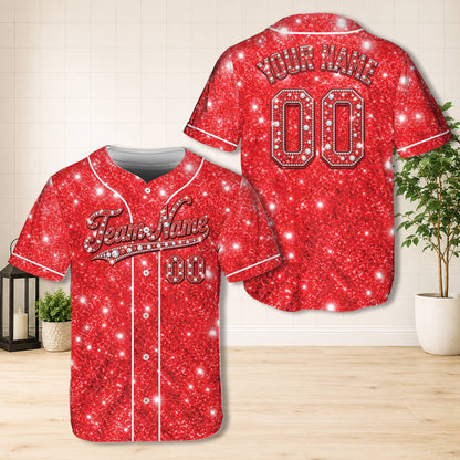Red faux sparkle abstract baseball jersey, front view