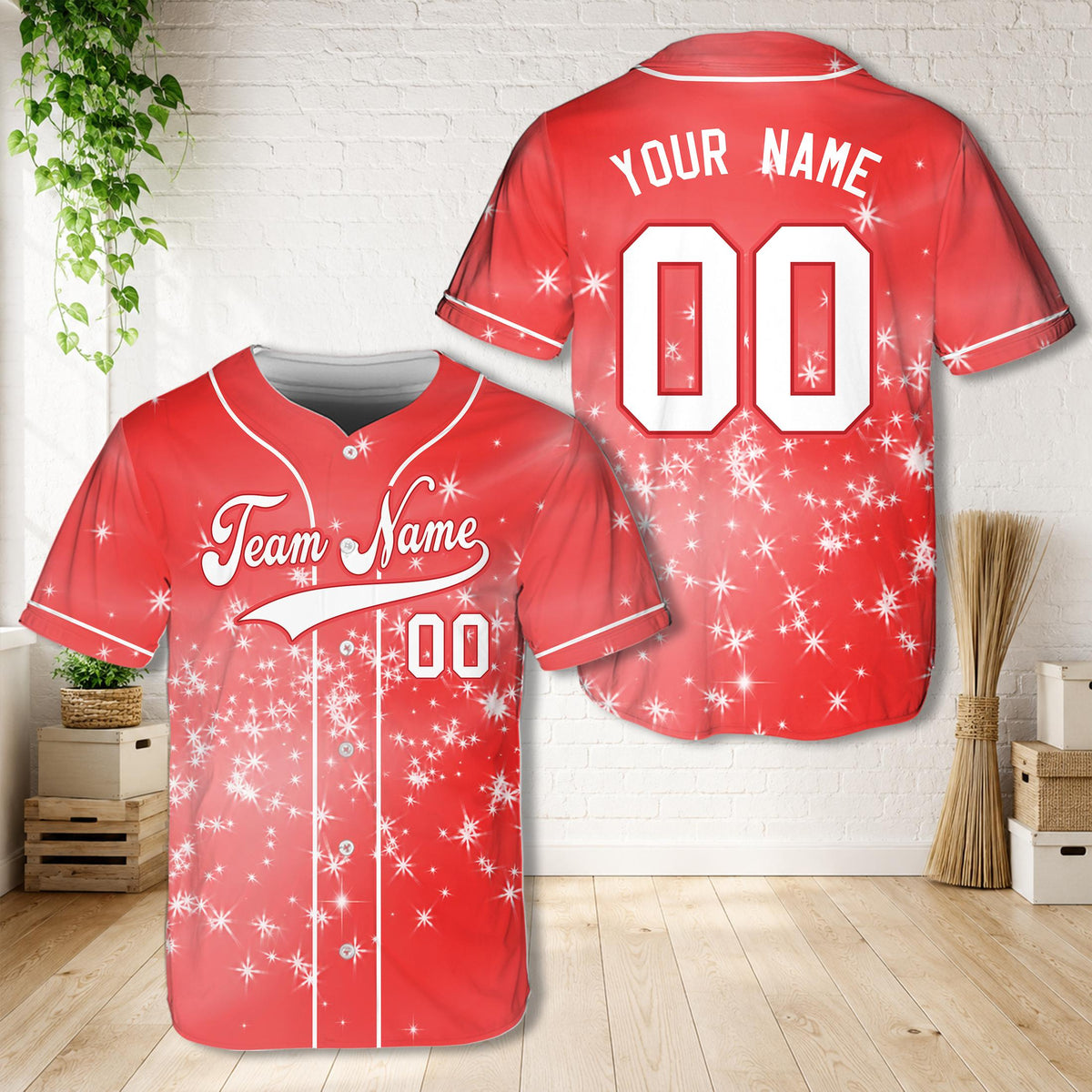 Personalized glitter sparkle baseball jersey with custom name and number in red, front view