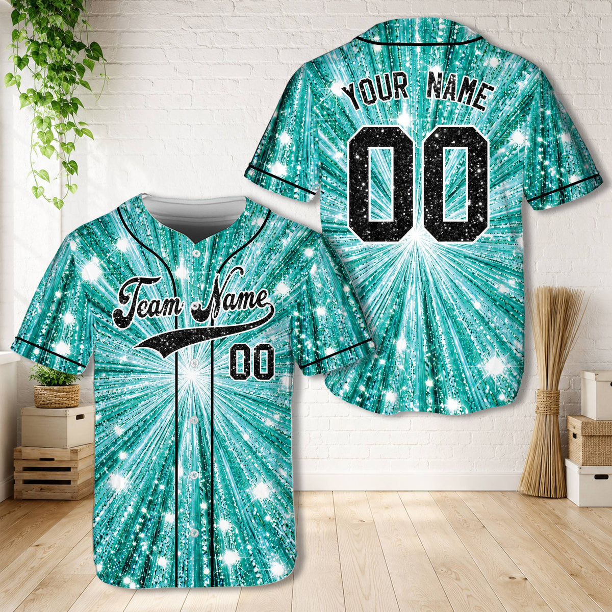 Personalized teal glitter baseball jersey, front view
