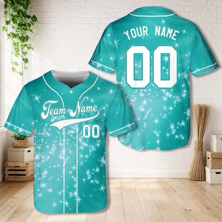 Personalized glitter sparkle baseball jersey with custom name and number in teal, front view