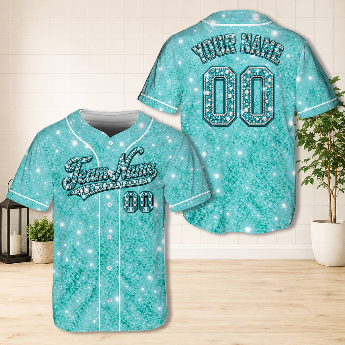 Teal personalized faux glitter baseball jersey, front view