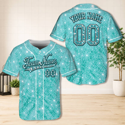 Teal personalized faux glitter baseball jersey, front view