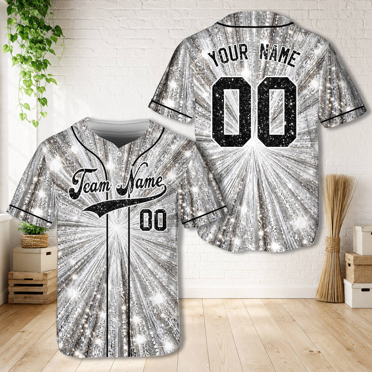 Personalized white faux sparkle baseball jersey, front view