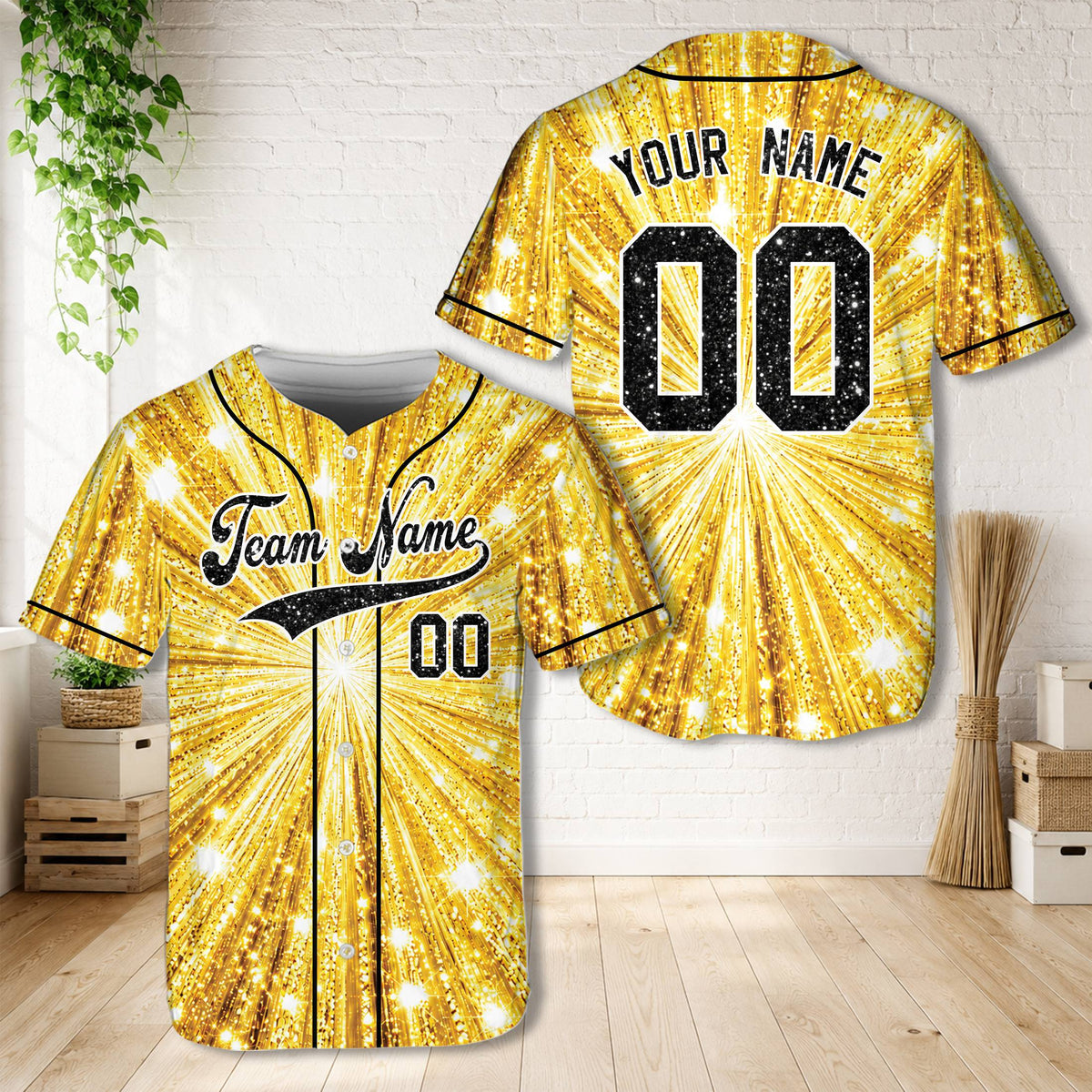 Personalized gold faux sparkle baseball jersey, front view