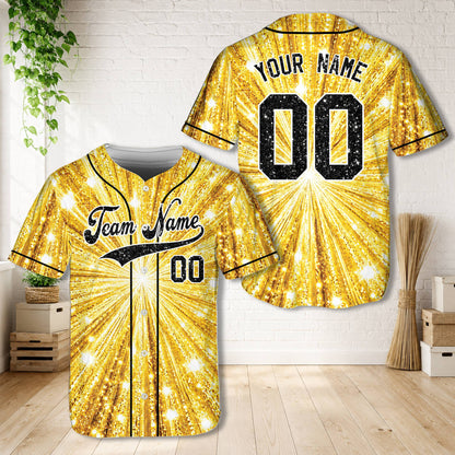 Personalized gold faux sparkle baseball jersey, front view